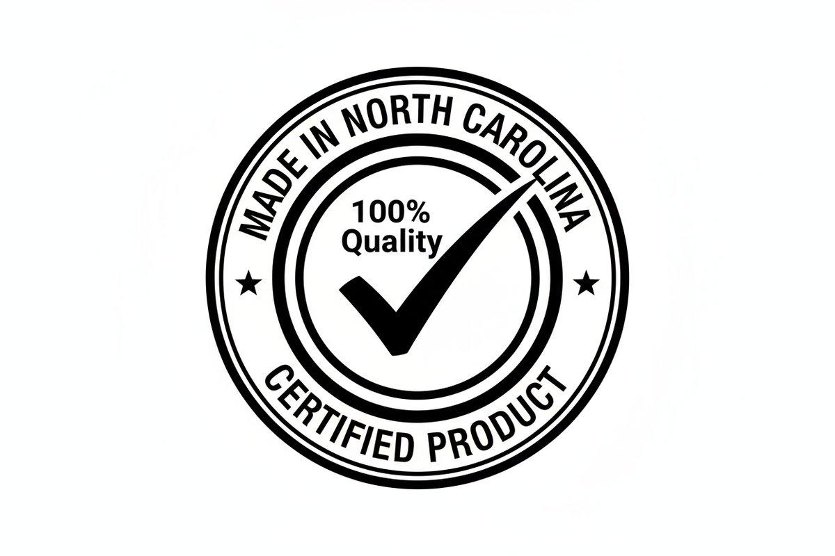 black and white 100% quality check mark with Made in North Carolina